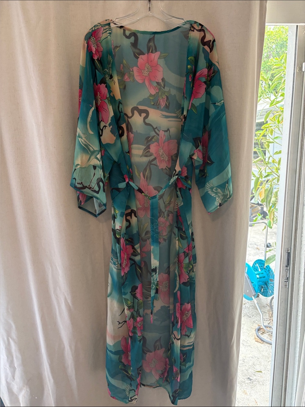 Sheer Teal Floral Kimono Cover-Up with Pink Blossoms, Moon and Stork